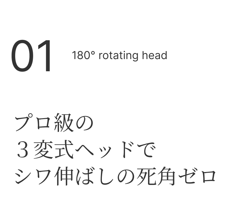 01 180° rotating head プロ級の３変式ヘッドでシワ伸ばしの死角ゼロ