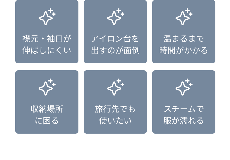 襟元・袖口が伸ばしにくい アイロン台を出すのが面倒 温まるまで時間がかかる 収納場所に困る 旅行先でも使いたい スチームで服が濡れる